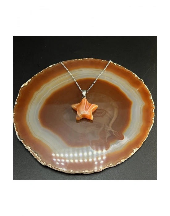 Sertifikalı Turuncu Akik Yıldız Model Doğal Taş Kolye (KARARMAMA GARANTİLİ)