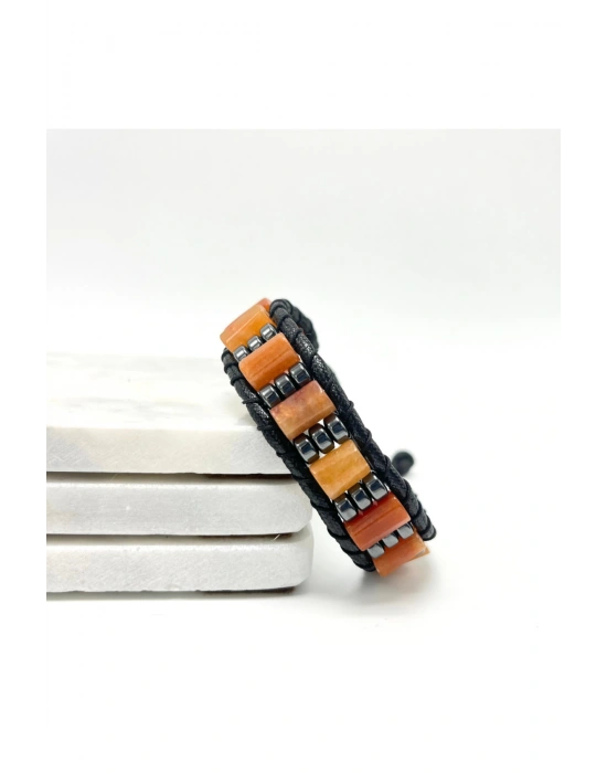 Sertifikalı Turuncu Aventurin Doğal Taş Şık Görünümlü Erkek Bileklik Makrome Ayarlanabilir Ölçü