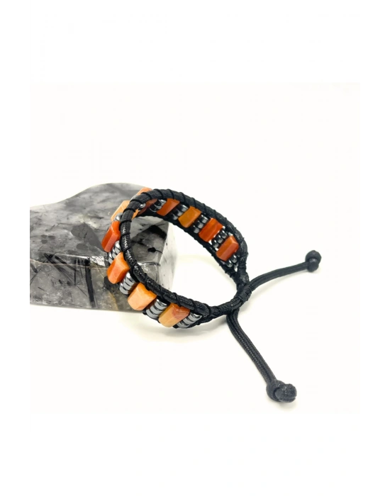 Sertifikalı Turuncu Aventurin Doğal Taş Şık Görünümlü Erkek Bileklik Makrome Ayarlanabilir Ölçü