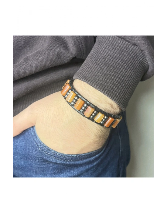 Sertifikalı Turuncu Aventurin Doğal Taş Şık Görünümlü Erkek Bileklik Makrome Ayarlanabilir Ölçü