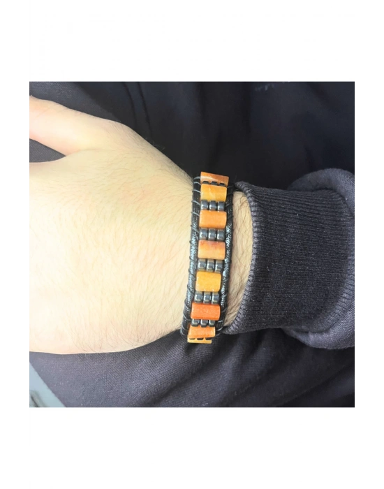 Sertifikalı Turuncu Aventurin Doğal Taş Şık Görünümlü Erkek Bileklik Makrome Ayarlanabilir Ölçü