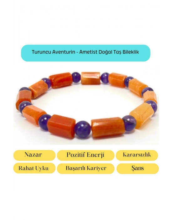 Sertifikalı Turuncu Aventurin ve Ametist Doğal Taş Bileklik