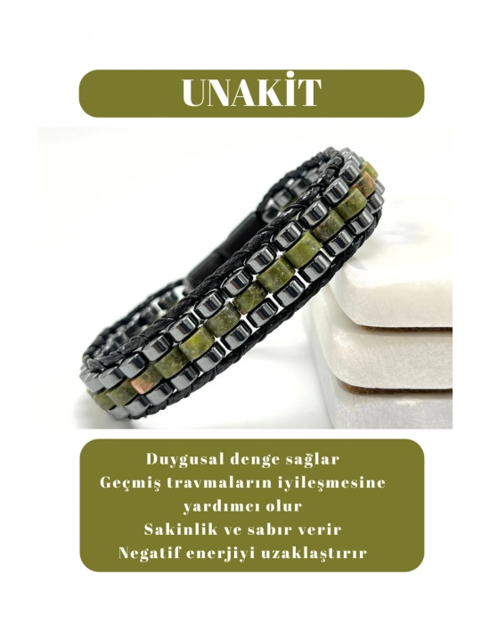 Sertifikalı Unakit Disk Model Doğal Taş Erkek Bileklik Kilitli Kapama