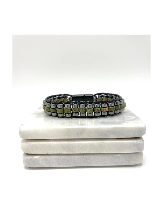 Sertifikalı Unakit Disk Model Doğal Taş Erkek Bileklik Kilitli Kapama