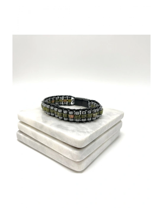 Sertifikalı Unakit Disk Model Doğal Taş Erkek Bileklik Kilitli Kapama