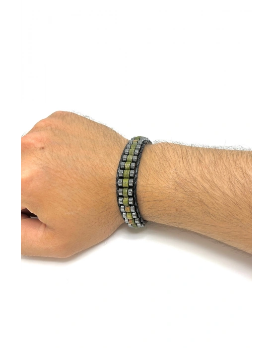 Sertifikalı Unakit Disk Model Doğal Taş Erkek Bileklik Kilitli Kapama