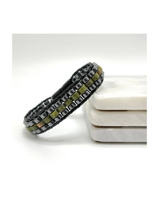 Sertifikalı Unakit Disk Model Doğal Taş Erkek Bileklik Kilitli Kapama