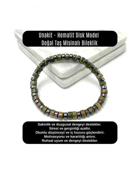 SERTİFİKALI Unakit - Hematit Disk Model Doğal Taş Misinalı Bileklik