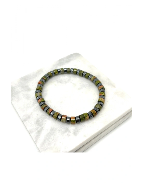 SERTİFİKALI Unakit - Hematit Disk Model Doğal Taş Misinalı Bileklik