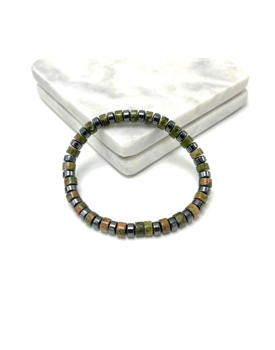 SERTİFİKALI Unakit - Hematit Disk Model Doğal Taş Misinalı Bileklik