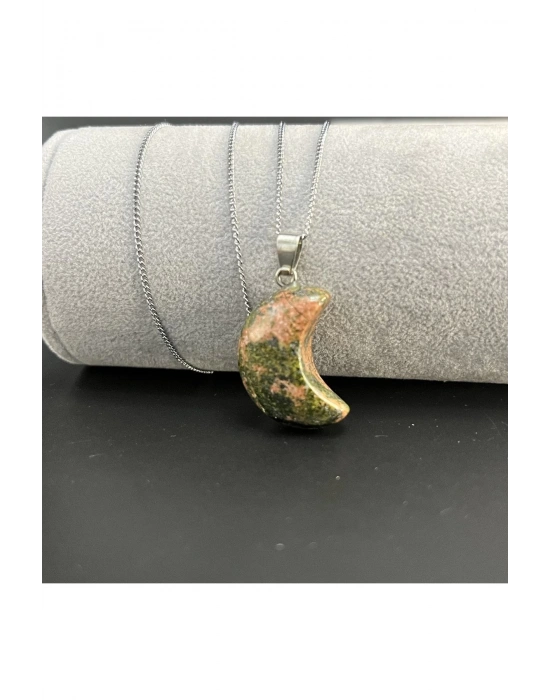 Sertifikalı Unakit Hilal Model Doğal Taş Kolye (KARARMAMA GARANTİLİ)
