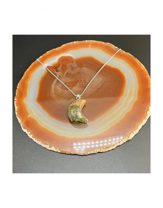 Sertifikalı Unakit Hilal Model Doğal Taş Kolye (KARARMAMA GARANTİLİ)