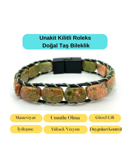 Sertifikalı Unakit Kilit Kapama Roleks Doğal Taş Deri Bileklik