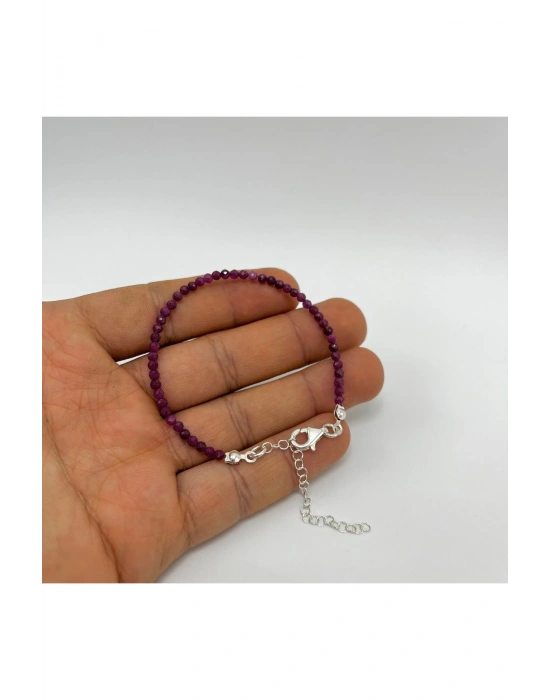 SERTİFİKALI Yakut 2mm 925 Ayar Gümüş Doğal Taş Bileklik Uzatma Zincirli