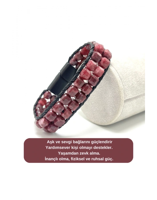 SERTİFİKALI Yakut Çift Sıra Küp Kesim Kilitli Doğal Taş Bileklik 6mm Taş