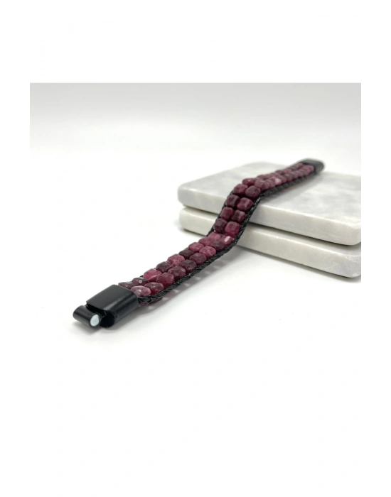 SERTİFİKALI Yakut Çift Sıra Küp Kesim Kilitli Doğal Taş Bileklik 6mm Taş