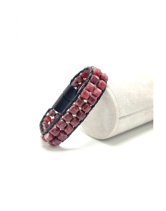 SERTİFİKALI Yakut Çift Sıra Küp Kesim Kilitli Doğal Taş Bileklik 6mm Taş