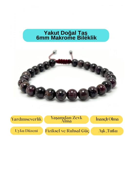 Sertifikalı Yakut Doğal Taş 6mm Makrome Bileklik Ayarlanabilir Ölçü
