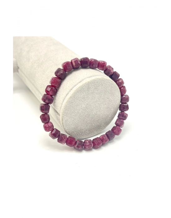 SERTİFİKALI Yakut Küp Kesim Lastikli Doğal Taş Bileklik 6mm