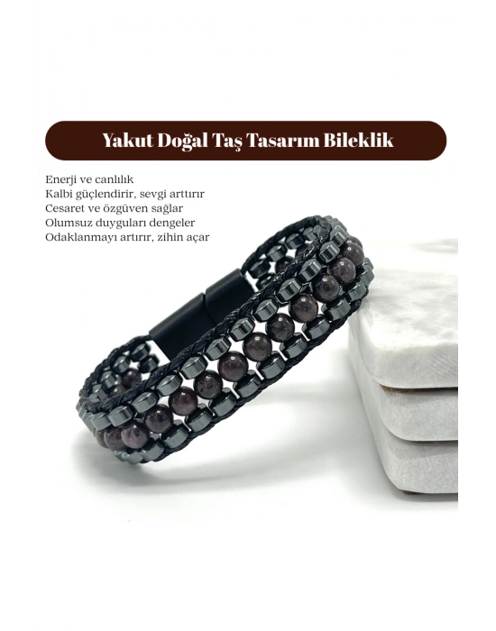 Sertifikalı Yakut Taşı Erkek Bileklik – Çelik Kilitli, Doğal Taş Tasarım, Şık ve Özgün Aksesuar