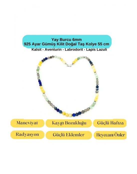 SERTİFİKALI Yay Burcu 6mm 925 Ayar Gümüş Doğal Taş Kolye 55 cm