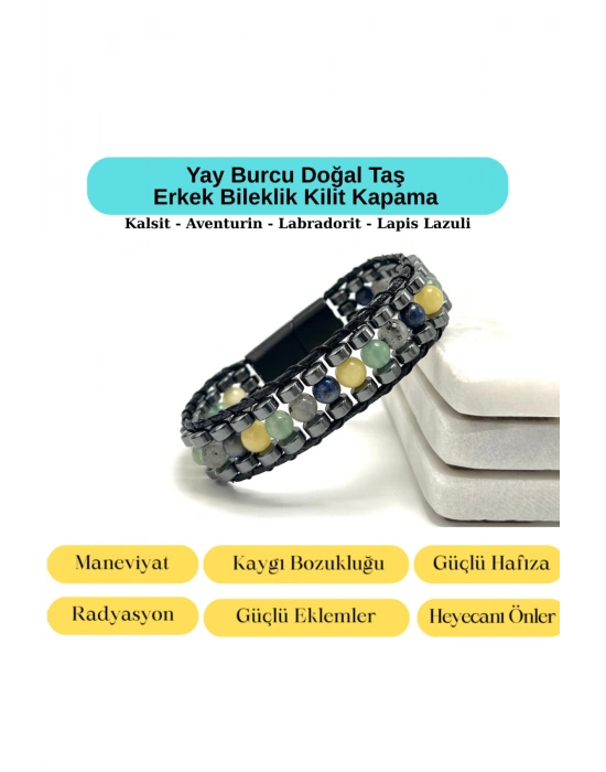 SERTİFİKALI Yay Burcu Disk Model Doğal Taş Erkek Bileklik Mıknatıslı Kilit