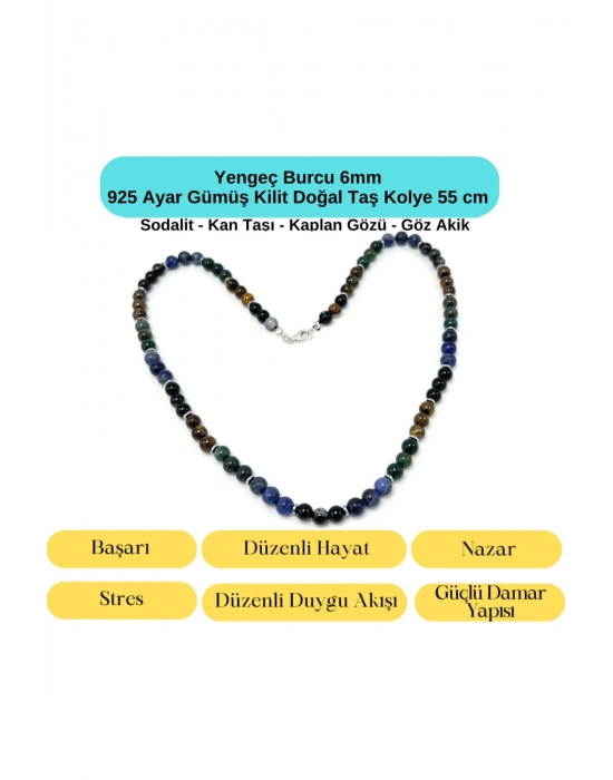 SERTİFİKALI Yengeç Burcu 6mm 925 Ayar Gümüş Doğal Taş Kolye 55 cm