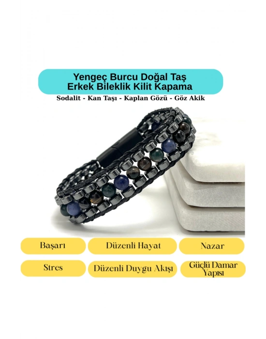 SERTİFİKALI Yengeç Burcu Disk Model Doğal Taş Erkek Bileklik Mıknatıslı Kilit
