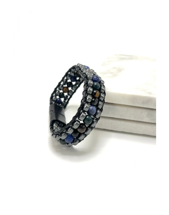 SERTİFİKALI Yengeç Burcu Disk Model Doğal Taş Erkek Bileklik Mıknatıslı Kilit