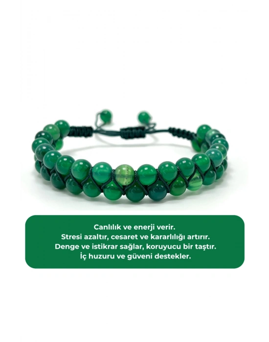 SERTİFİKALI Yeşil Akik Çift Sıra Doğal Taş Makrome Bileklik Ayarlanabilir Ölçü
