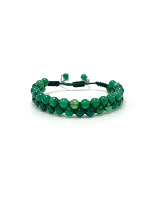 SERTİFİKALI Yeşil Akik Çift Sıra Doğal Taş Makrome Bileklik Ayarlanabilir Ölçü