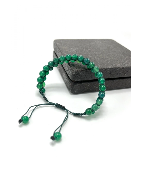 SERTİFİKALI Yeşil Akik Çift Sıra Doğal Taş Makrome Bileklik Ayarlanabilir Ölçü