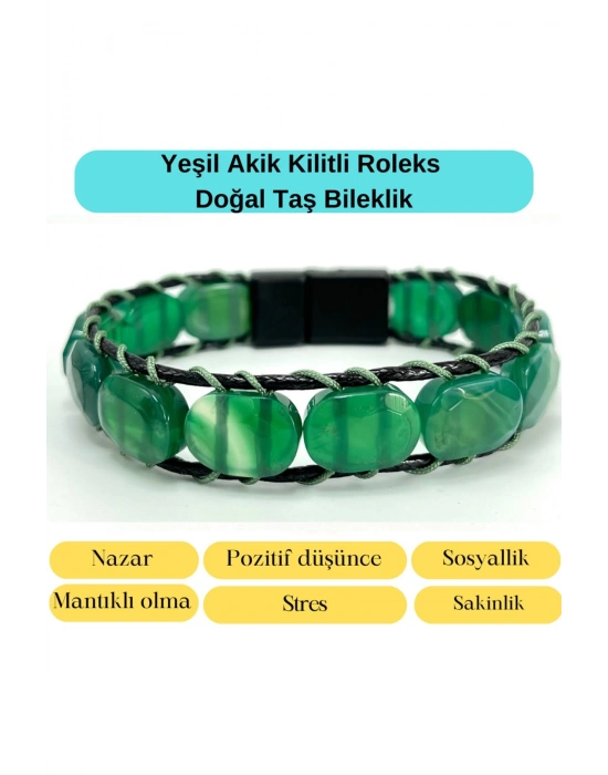 Sertifikalı Yeşil Akik Kilit Kapama Roleks Doğal Taş Deri Bileklik