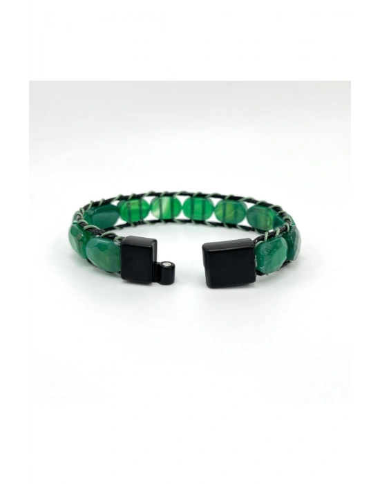 Sertifikalı Yeşil Akik Kilit Kapama Roleks Doğal Taş Deri Bileklik