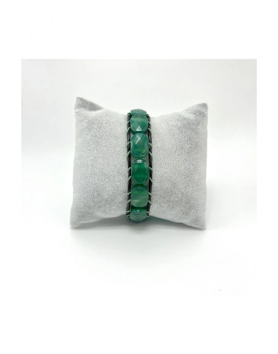 Sertifikalı Yeşil Akik Kilit Kapama Roleks Doğal Taş Deri Bileklik