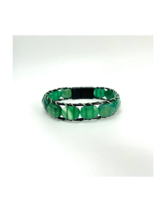 Sertifikalı Yeşil Akik Kilit Kapama Roleks Doğal Taş Deri Bileklik