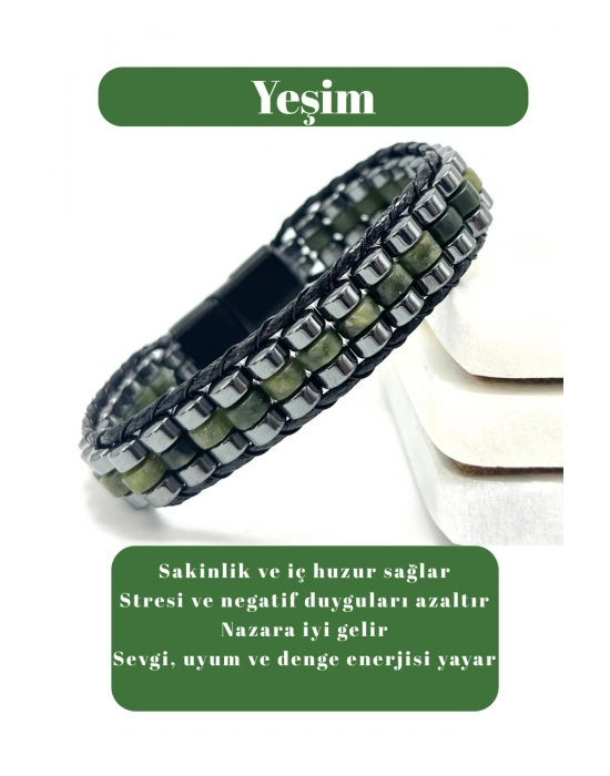 Sertifikalı Yeşim Disk Model Doğal Taş Erkek Bileklik Kilitli Kapama