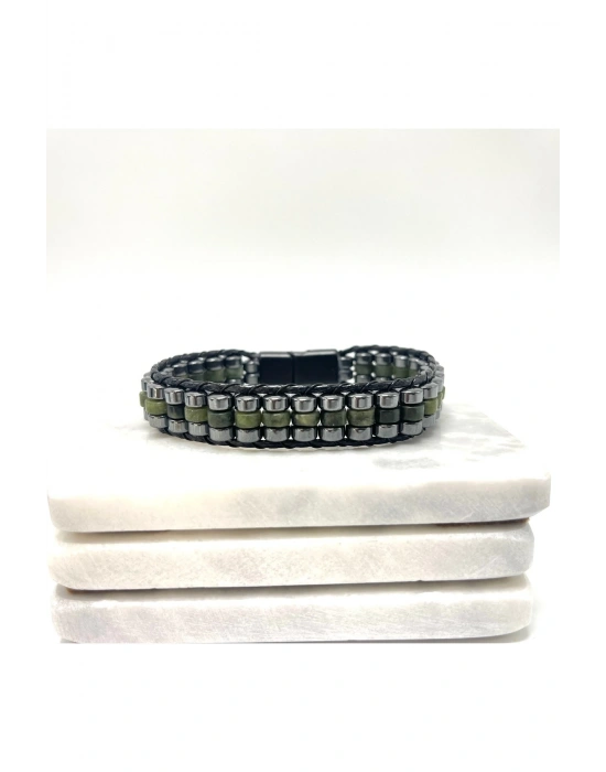 Sertifikalı Yeşim Disk Model Doğal Taş Erkek Bileklik Kilitli Kapama