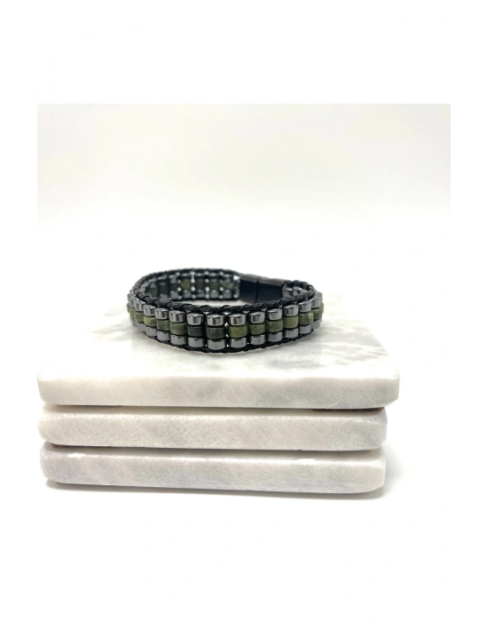 Sertifikalı Yeşim Disk Model Doğal Taş Erkek Bileklik Kilitli Kapama