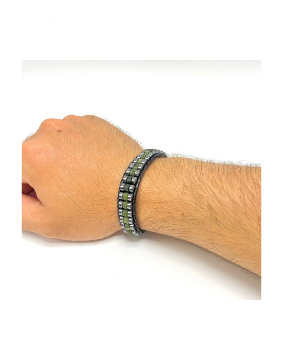 Sertifikalı Yeşim Disk Model Doğal Taş Erkek Bileklik Kilitli Kapama