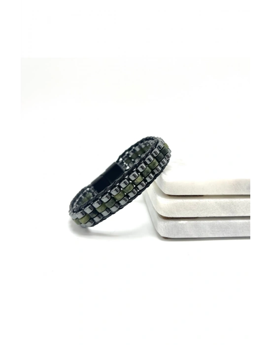 Sertifikalı Yeşim Disk Model Doğal Taş Erkek Bileklik Kilitli Kapama