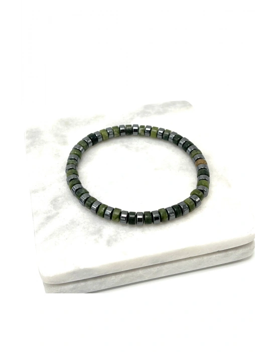SERTİFİKALI Yeşim - Hematit Disk Model Doğal Taş Misinalı Bileklik