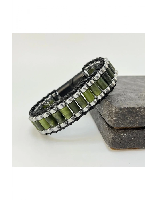 Sertifikalı Yeşim ve Hematit Silindir Kesim Kilitli Doğal Taş Deri Erkek Bileklik