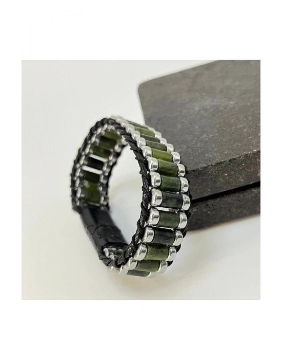 Sertifikalı Yeşim ve Hematit Silindir Kesim Kilitli Doğal Taş Deri Erkek Bileklik