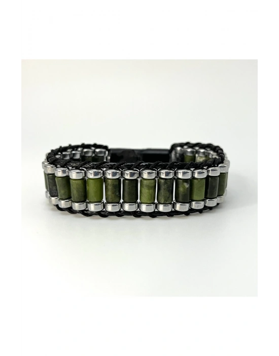 Sertifikalı Yeşim ve Hematit Silindir Kesim Kilitli Doğal Taş Deri Erkek Bileklik