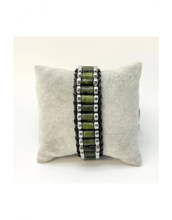Sertifikalı Yeşim ve Hematit Silindir Kesim Kilitli Doğal Taş Deri Erkek Bileklik