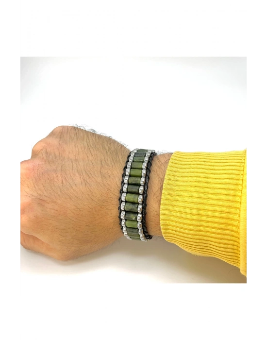 Sertifikalı Yeşim ve Hematit Silindir Kesim Kilitli Doğal Taş Deri Erkek Bileklik