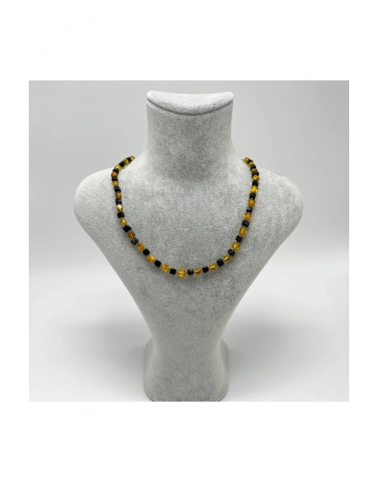 SERTİFİKALI YETİŞKİN KEHRİBAR KOLYE SARI SİYAH KÜP KESİM 60 CM