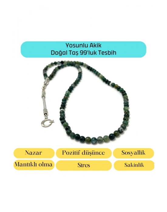 Sertifikalı Yosunlu Akik 6mm 99luk Doğal Taş Tesbih