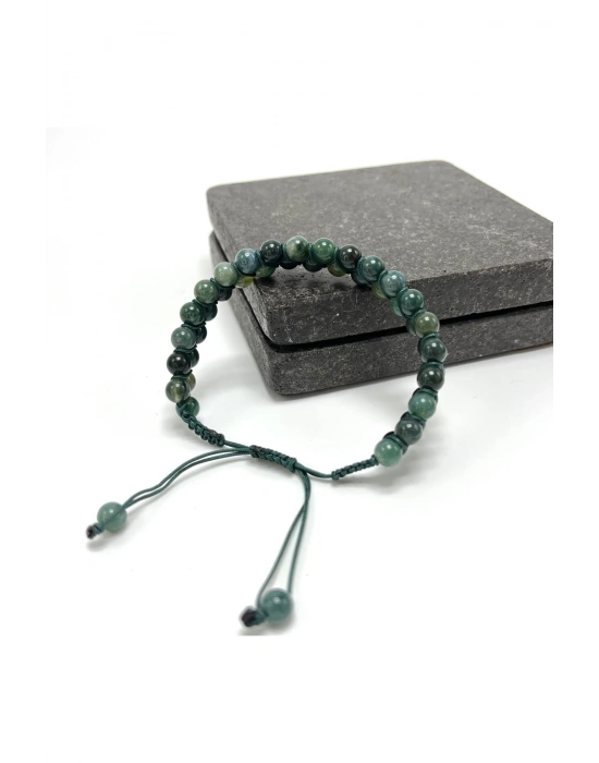SERTİFİKALI Yosunlu Akik Çift Sıra Doğal Taş Makrome Bileklik Ayarlanabilir Ölçü